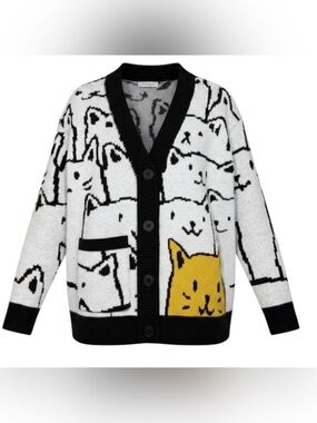 Fashion Concepts Cat-Pattern Cardigan in Black, White & Yellow- woman’s S